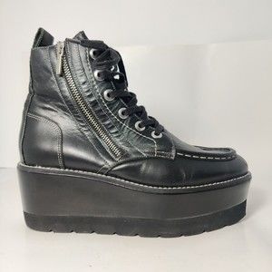 Free People Maverick Black Leather Chunky Platform Wedge Boots Size EU 38 US 8